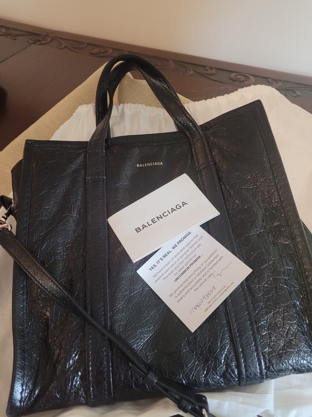 Balenciaga Black Crinkled Leather Shopper Tote with Shoulder Strap